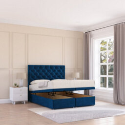 Sloomy Mayfair End Lift Ottoman Bed 3Ft With Sprung Memory Mattress - Navy Plush & Headboard- Single - thumbnail 1