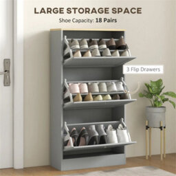 Narrow Shoe Cabinet With 3 Flip Drawers For 12-18 Pairs Of Shoes Grey - thumbnail 6