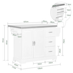 Sobuy Fkw41-St, Extendable Kitchen Island Kitchen Cabinet Sideboard Storage Trolley With Stainless Steel Worktop,white - thumbnail 3