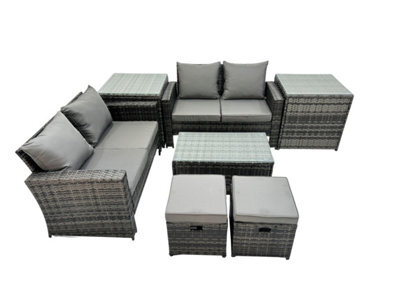 Fimous Pe Rattan Garden Furniture Set Lounge Double Seat Sofa Coffee Table Set With 2 Small Stools Dark Grey Mixedmixed - image 1