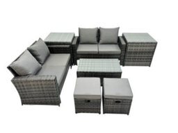 Fimous Pe Rattan Garden Furniture Set Lounge Double Seat Sofa Coffee Table Set With 2 Small Stools Dark Grey Mixedmixed - thumbnail 1