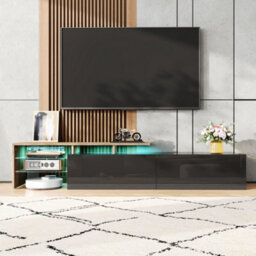 Btm Modern Tv Cabinet With Storage Glass Shelves Led Lighting Black And Wood Look - thumbnail 1