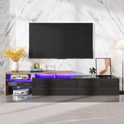 Btm Modern Tv Cabinet With Storage Glass Shelves Led Lighting Black And Wood Look - thumbnail 9
