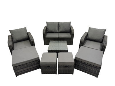Fimous Rattan Garden Outdoor Furniture Set Love Sofa Reclining Chair Square Coffee Table Set With 4 Stools Dark Grey Mixed - image 1