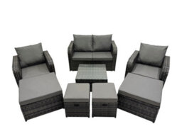 Fimous Rattan Garden Outdoor Furniture Set Love Sofa Reclining Chair Square Coffee Table Set With 4 Stools Dark Grey Mixed - thumbnail 1