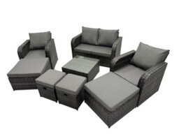 Fimous Rattan Garden Outdoor Furniture Set Love Sofa Reclining Chair Square Coffee Table Set With 4 Stools Dark Grey Mixed - thumbnail 2