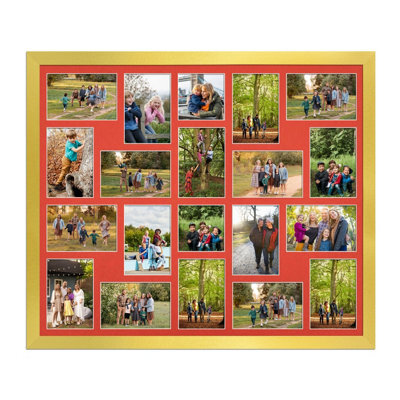 AK Frames 80X70Cm Gold Modern Multi Photo Frame With Poppy Red Mount - Holds 20 Apertures (18X) 6X4, (2X) 4X4 Photos - image 1