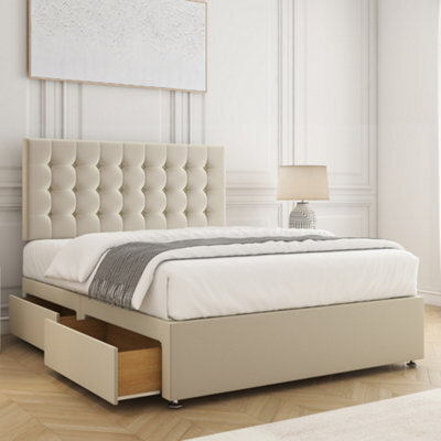 Bsspoke Isla Divan Bed Set Cream Velvet With 24Inch Panel Headboard & Mattress & 2 Drawers Same Side 3Ft 4Ft 4Ft6 5Ft 6Ft - image 1