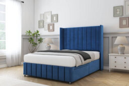 "Sloomy Melbourne Navy Plush Divan Bed Base No Drawers - 54"" Wingback Headboard & 12"" Footboard 4' Small Double" - thumbnail 3