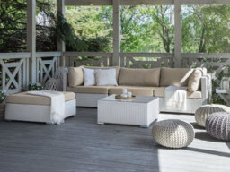 Beliani Garden Corner Sofa With Table 4 Seater Sano Right Hand Modular Pe Rattan White - thumbnail 2