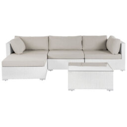 Beliani Garden Corner Sofa With Table 4 Seater Sano Right Hand Modular Pe Rattan White - thumbnail 1