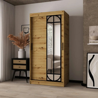 Arten Lugo Oak Artisan 100Cm Mirrored Sliding Wardrobe With Black Detail - image 1