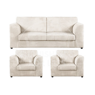 Furnishings For Less UK Luxor Jumbo Cord 3 + 1 + 1 Fabric 3 Piece Sofa Suite - Fullback Cream