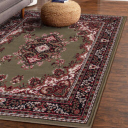 Green Traditional Floral Bordered Rug Easy To Clean Dining Room-60Cm X 110Cm