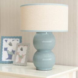 Valuelights Gemma Linen With Green Trim Drum Shade Stacked Ribbed Green Glazed Table Lamp - thumbnail 1