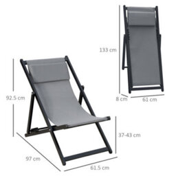 Outsunny 2Pcs Texteline Chaise Lounge Recliner Chair Adjust Lounger Patio Grey - thumbnail 3