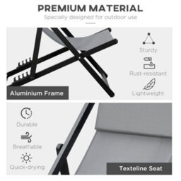 Outsunny 2Pcs Texteline Chaise Lounge Recliner Chair Adjust Lounger Patio Grey - thumbnail 6