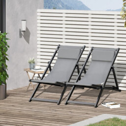 Outsunny 2Pcs Texteline Chaise Lounge Recliner Chair Adjust Lounger Patio Grey - thumbnail 1
