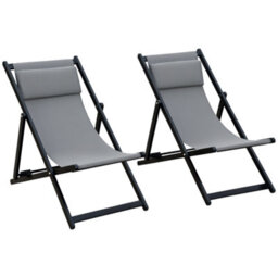 Outsunny 2Pcs Texteline Chaise Lounge Recliner Chair Adjust Lounger Patio Grey - thumbnail 2