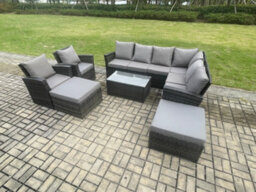 Fimous 10 Seater High Back Outdoor Garden Furniture Set Rattan Corner Sofa Set With Rectangular Coffee Table Big Footstool - thumbnail 2