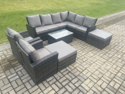 Fimous 10 Seater High Back Outdoor Garden Furniture Set Rattan Corner Sofa Set With Rectangular Coffee Table Big Footstool - thumbnail 1