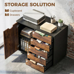 Rustic Brown Printer Stand, 5-Drawer Cabinet On Wheels, Storage Cabinet With Door - thumbnail 3