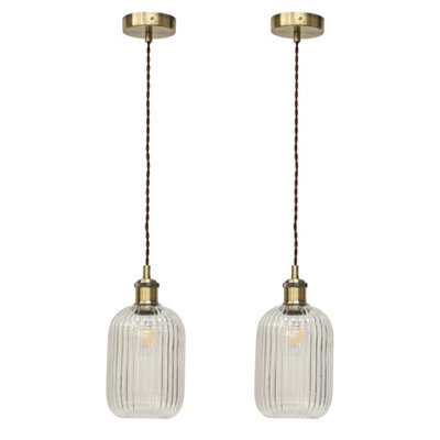 First Choice Lighting Set Of 2 Batley - Clear Ribbed Glass Antique Brass Retro Pendants - image 1