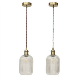 First Choice Lighting Set Of 2 Batley - Clear Ribbed Glass Antique Brass Retro Pendants - thumbnail 1