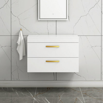 Royal Bathrooms 800mm Wall Hung Vanity Unit 2 Drawer Gloss White - Storage Cabinetwith Brushed Brass Handle - image 1