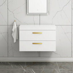 Royal Bathrooms 800mm Wall Hung Vanity Unit 2 Drawer Gloss White - Storage Cabinetwith Brushed Brass Handle - thumbnail 1