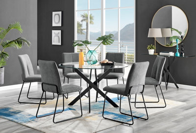 Furniturebox Novara Clear Tempered Glass 120Cm Round Dining Table With Black Starburst Legs & 6 Dark Grey Halle Soft Fabric Chairs - image 1