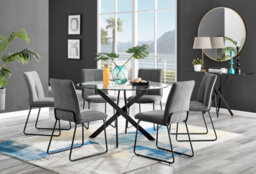 Furniturebox Novara Clear Tempered Glass 120Cm Round Dining Table With Black Starburst Legs & 6 Dark Grey Halle Soft Fabric Chairs - thumbnail 1
