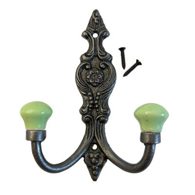 Thorness Cast Iron French Style Double Hooks, Lime Green Ceramic Ball Tops, Cloakroom Hook, Decorative Double Hook, Hat And Coat Hooks. - image 1
