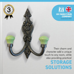 Thorness Cast Iron French Style Double Hooks, Lime Green Ceramic Ball Tops, Cloakroom Hook, Decorative Double Hook, Hat And Coat Hooks. - thumbnail 3
