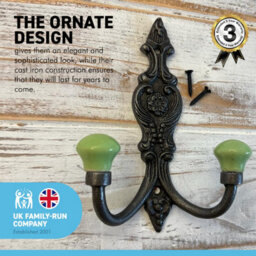 Thorness Cast Iron French Style Double Hooks, Lime Green Ceramic Ball Tops, Cloakroom Hook, Decorative Double Hook, Hat And Coat Hooks. - thumbnail 5
