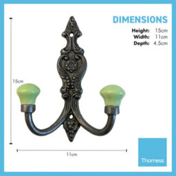 Thorness Cast Iron French Style Double Hooks, Lime Green Ceramic Ball Tops, Cloakroom Hook, Decorative Double Hook, Hat And Coat Hooks. - thumbnail 4