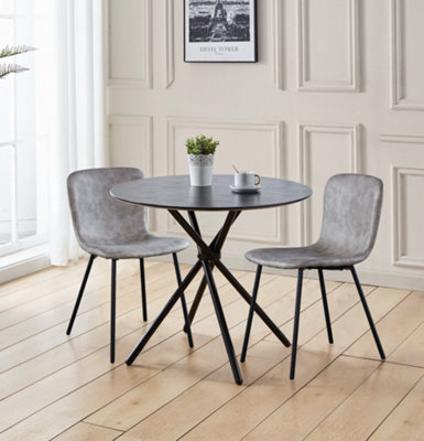 Hallowood Furniture Cullompton Small Black Round Dining Table 90Cm With 2 Taupe Leather Effect Chairs - image 1