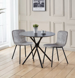 Hallowood Furniture Cullompton Small Black Round Dining Table 90Cm With 2 Taupe Leather Effect Chairs