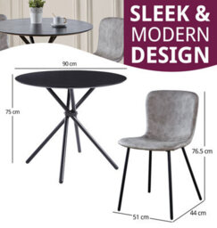 Hallowood Furniture Cullompton Small Black Round Dining Table 90Cm With 2 Taupe Leather Effect Chairs - thumbnail 3