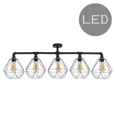 Valuelights Luiggi 5 Way Satin Black Pipework Bar Ceiling Light With Grey Basket Cage Shades And Led Bulbs In Warm White - image 1