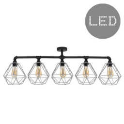 Valuelights Luiggi 5 Way Satin Black Pipework Bar Ceiling Light With Grey Basket Cage Shades And Led Bulbs In Warm White