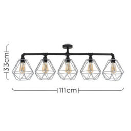 Valuelights Luiggi 5 Way Satin Black Pipework Bar Ceiling Light With Grey Basket Cage Shades And Led Bulbs In Warm White - thumbnail 6