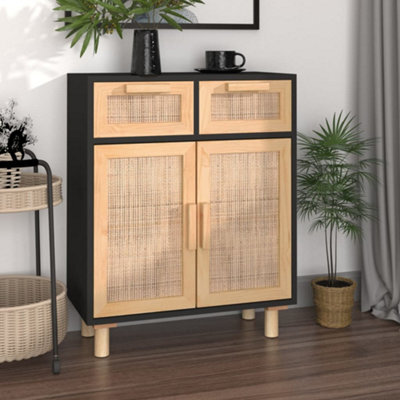 Berkfield Sideboard Black 60X30X75 Cm Solid Wood Pine And Natural Rattan - image 1