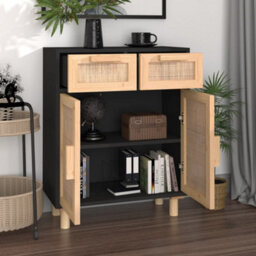Berkfield Sideboard Black 60X30X75 Cm Solid Wood Pine And Natural Rattan - thumbnail 3