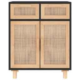 Berkfield Sideboard Black 60X30X75 Cm Solid Wood Pine And Natural Rattan - thumbnail 4