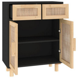 Berkfield Sideboard Black 60X30X75 Cm Solid Wood Pine And Natural Rattan - thumbnail 5
