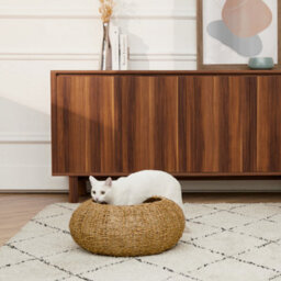 Teamson Pets Indoor Wicker Cat Or Small Dog Bed, Bowl Shaped Lounger Basket With Removable Washable Cushion Tan/cream