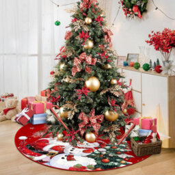 Amorly 90Cm Red Plush Christmas Tree Skirt, Farmhouse Style Tree Base Ornament Printed With Snowman And Snowflakes For Xmas Tree Decor - thumbnail 3