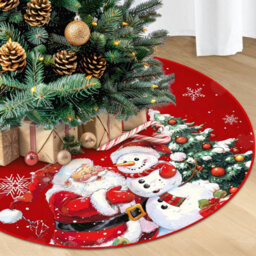 Amorly 90Cm Red Plush Christmas Tree Skirt, Farmhouse Style Tree Base Ornament Printed With Snowman And Snowflakes For Xmas Tree Decor - thumbnail 1