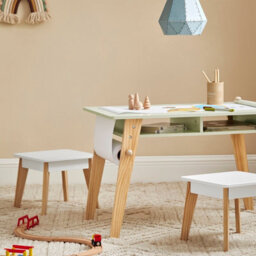 Sobuy Kmb92-Gr,children Table And Stools Set Green With Storage Shelves And Paper Roll Holder,green,w80Xd48Xh51 - thumbnail 5